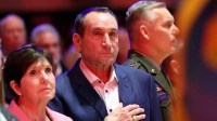 Former Duke Blue Devils and Army head coach Mike Krzyzewski is honored by West Point before a game between the Army Black Knights and Duke Blue Devils at Christl Arena.