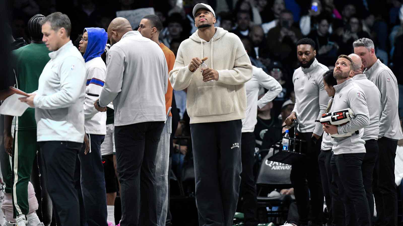 Injured Milwaukee Bucks forward Giannis Antetokounmpo (34) looks on during a timeout in the first half against the Brooklyn Nets at Barclays Center.