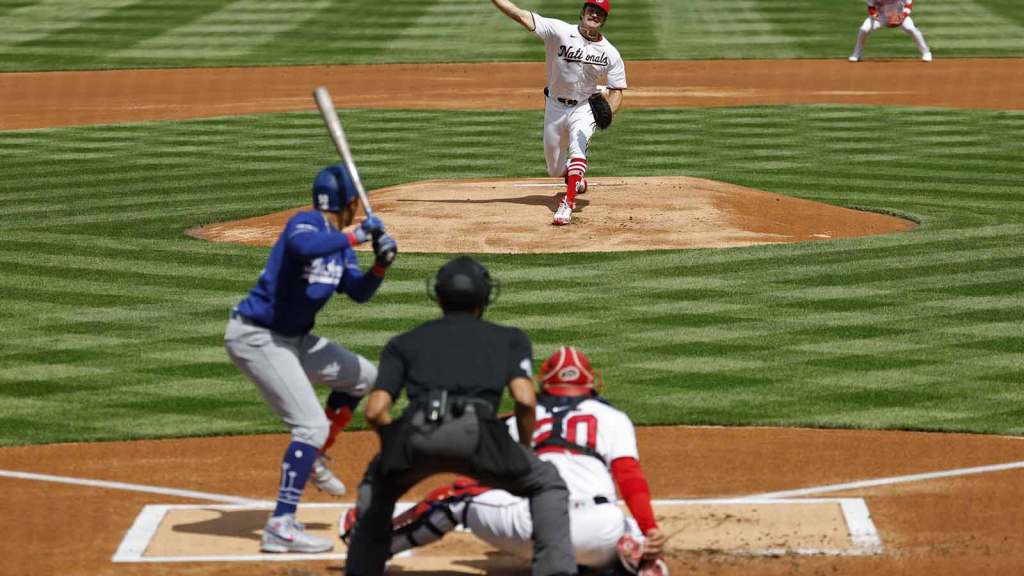 Washington Nationals pitcher Miles Mikolas (36) pitches against Los Angeles Dodgers shortstop Mookie Betts (50) during the first inning at Nationals Park.