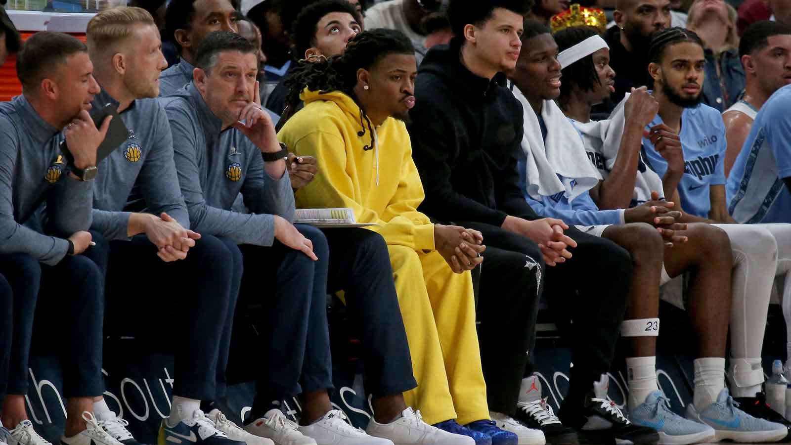 Memphis Grizzlies guard Ja Morant (middle) looks on during the second quarter against the Toronto Raptors at FedExForum.