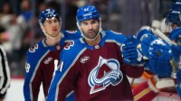 Colorado Avalanche center Nazem Kadri (91) celebrates his first goal of the first period against the Calgary Flames at Ball Arena.