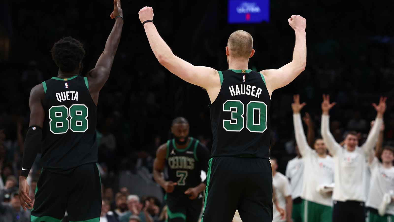Celtics’ Sam Hauser reacts to ‘buttery’ first 3-pointer of Neemias Queta’s career