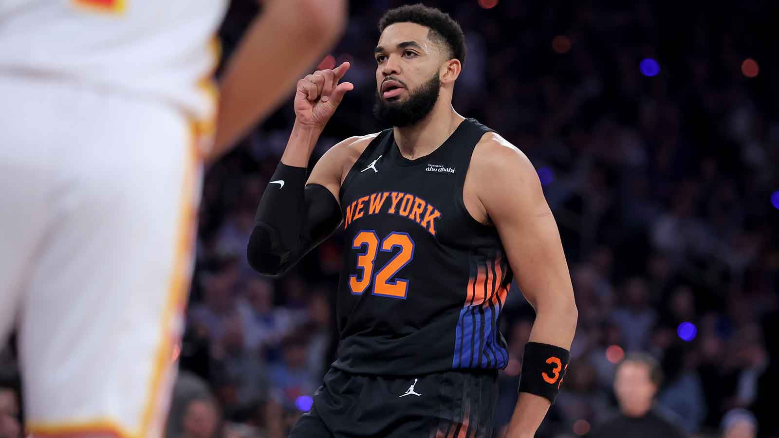 Apr 20, 2026; New York, New York, USA; New York Knicks center Karl-Anthony Towns (32) reacts during the first quarter of game two of the first round of the 2026 NBA Playoffs against the Atlanta Hawks at Madison Square Garden. Mandatory Credit: Brad Penner-Imagn Images