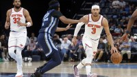 New York Knicks guard Josh Hart (3) dribbles as Memphis Grizzlies guard Adama Bal (72) defends during the second quarter at FedExForum.
