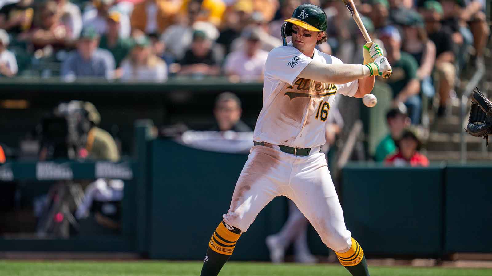 Athletics first baseman Nick Kurtz (16) takes a ball four for a walk to load the bases against the Houston Astros during the fifth inning at Sutter Health Park