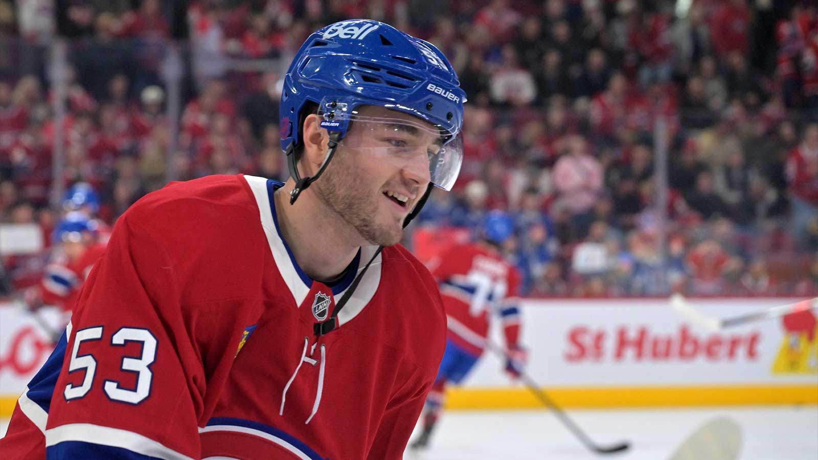 Montreal Canadiens defenseman Noah Dobson (53) skates during the warmup before the game against the Columbus Blue Jackets at the Bell Centre.