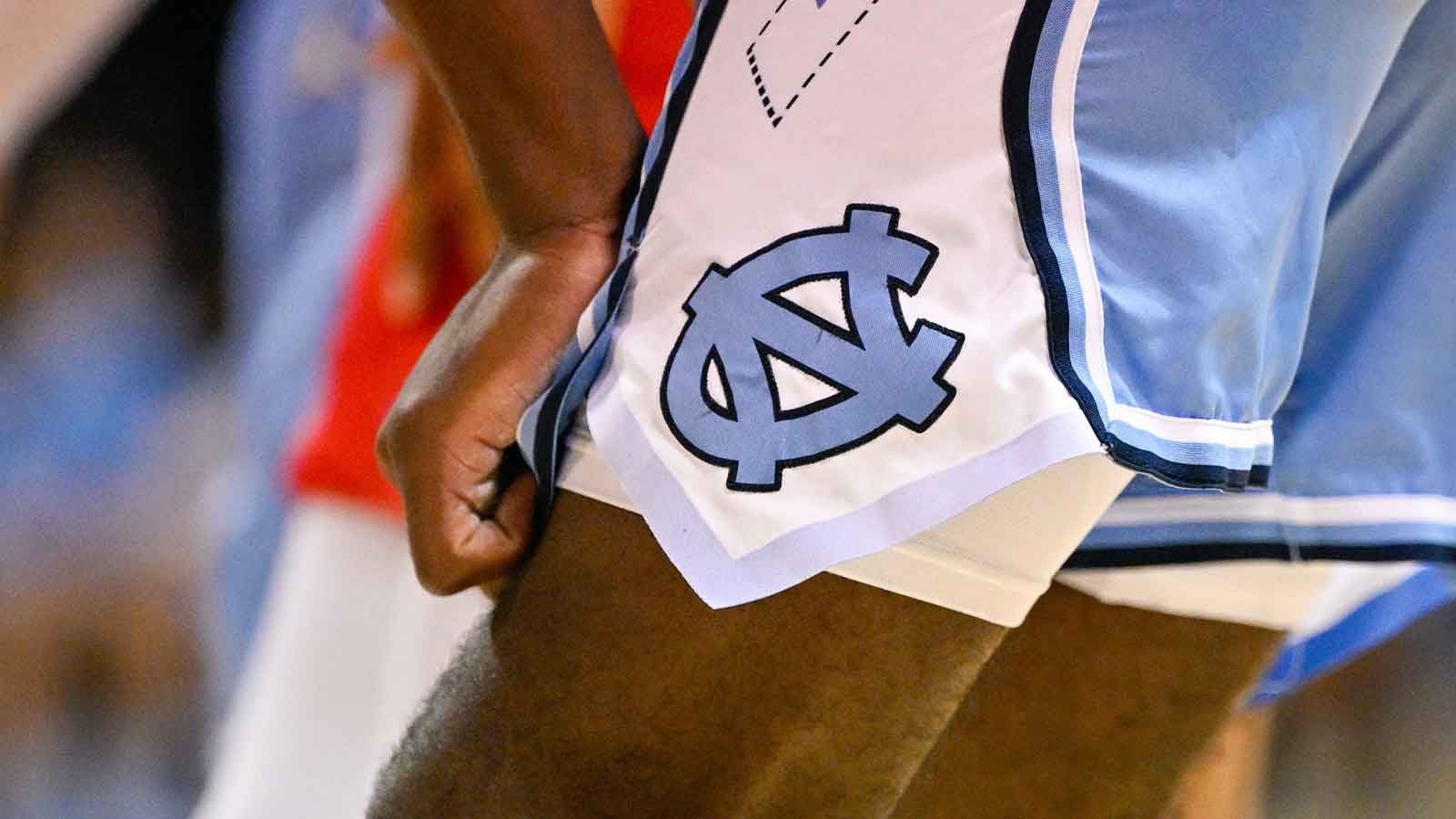 A view of the North Carolina Tar Heels logo on the shorts of forward Caleb Wilson (8) during the second half against the SMU Mustangs at Moody Coliseum.