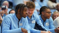 North Carolina Tar Heels forward Caleb Wilson (8) and center Henri Veesaar (13) on the bench in the second half at Dean E. Smith Center.