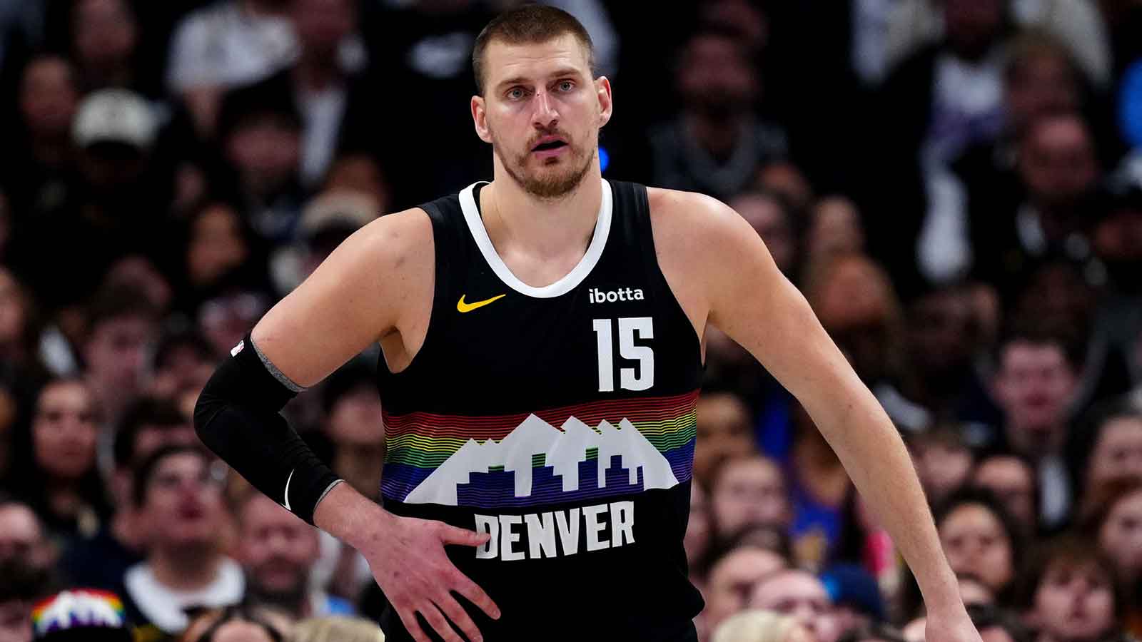Denver Nuggets center Nikola Jokic (15) during the second quarter against the San Antonio Spurs at Ball Arena.