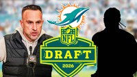 Jeff Hafley and a silhouette of Carnell Tate with Dolphins logo and 2026 NFL Draft logo front and center