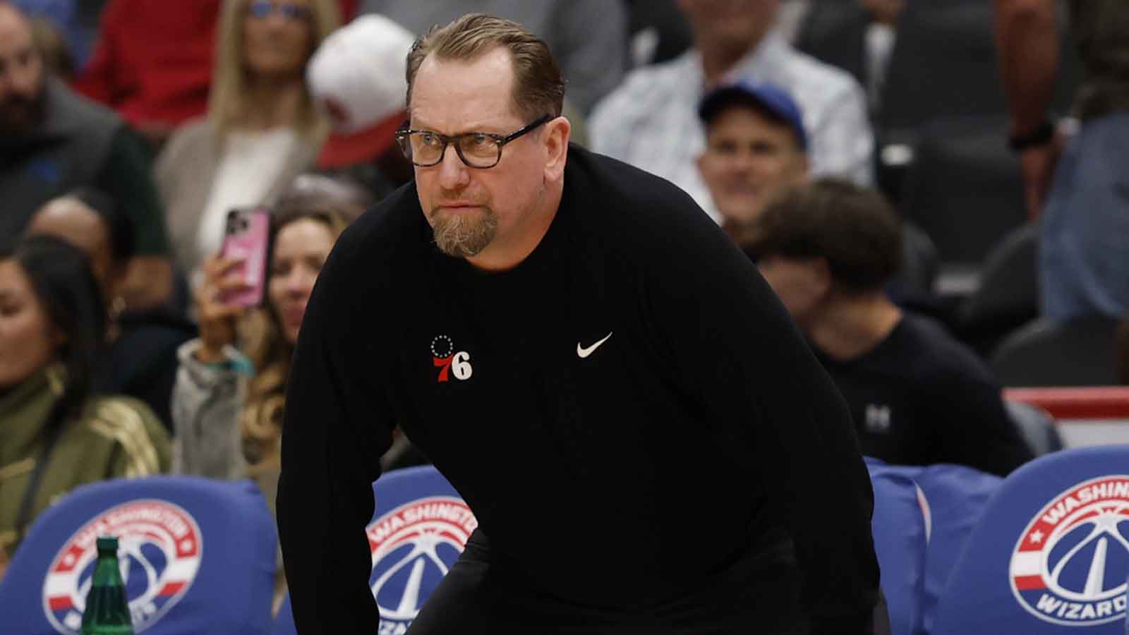 Philadelphia 76ers head coach Nick Nurse looks on from the bench against the Washington Wizards in the second half at Capital One Arena.