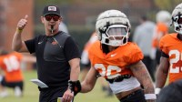 Oklahoma State coach Eric Morris watches an Oklahoma State University Cowboys football spring practice in Stillwater, Wednesday, April 1, 2026.