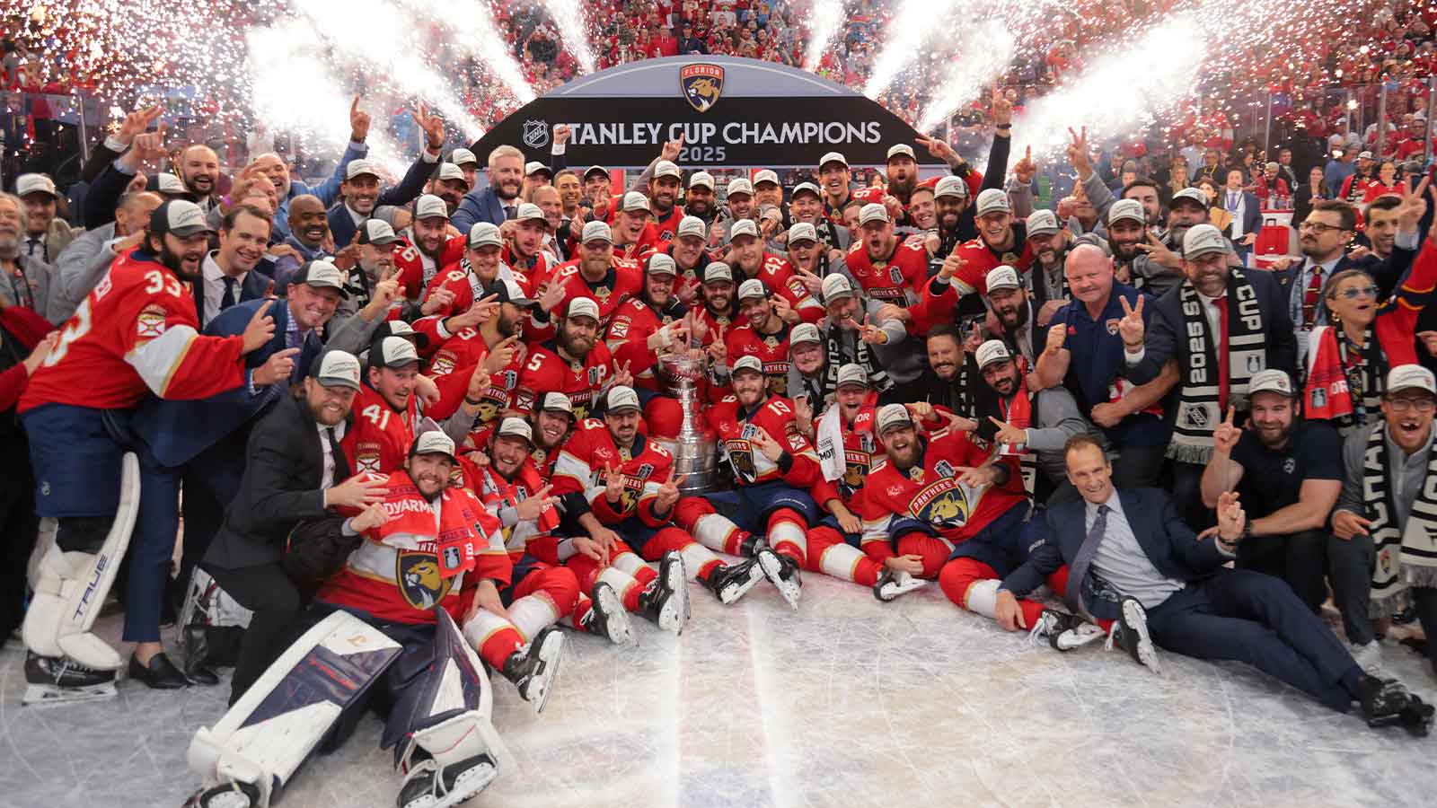 The Florida Panthers pose for a photo with the Stanley Cup after winning game six of the 2025 Stanley Cup Final against the Edmonton Oilers at Amerant Bank Arena.