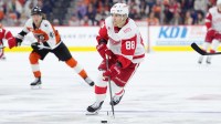 Detroit Red Wings right wing Patrick Kane (88) controls the puck against the Philadelphia Flyers in the third period at Xfinity Mobile Arena.