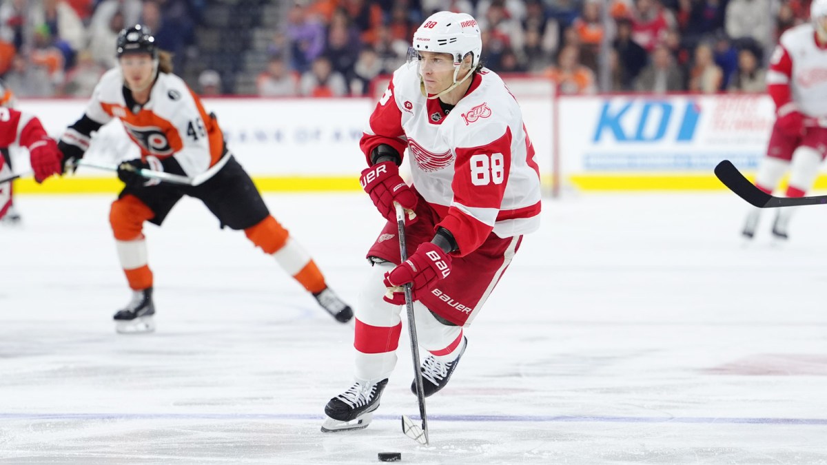 Detroit Red Wings right wing Patrick Kane (88) controls the puck against the Philadelphia Flyers in the third period at Xfinity Mobile Arena.