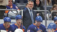 New York Islanders head coach Patrick Roy coaches against the Florida Panthers during the first period at UBS Arena.