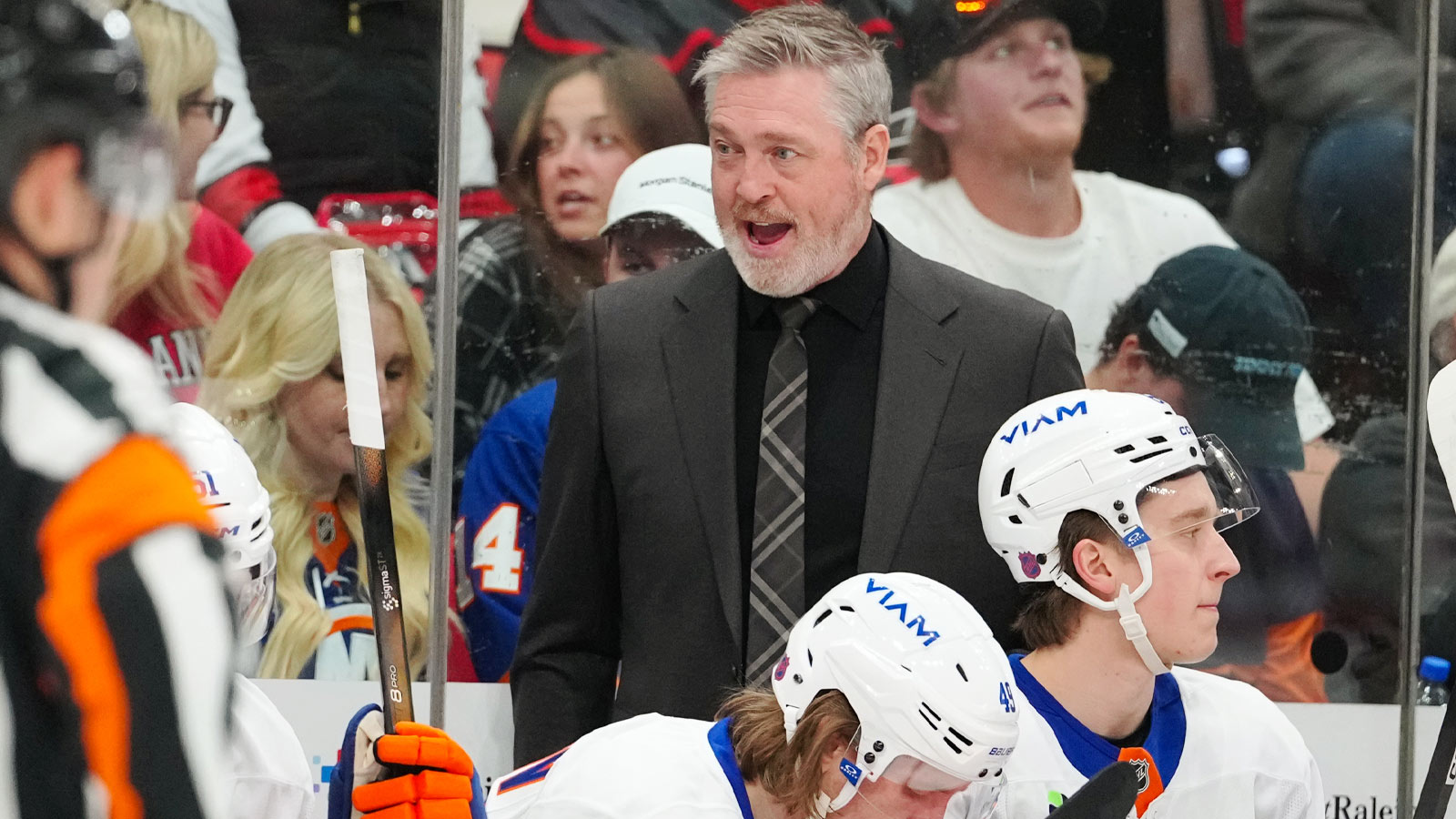 New York Islanders head coach Patrick Roy reacts against the Carolina Hurricanes during the first period at Lenovo Center.
