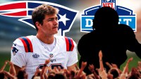 Drake Maye on draft day and a NFL player silhouette. Patriots logo and NFL Draft logo front and center.