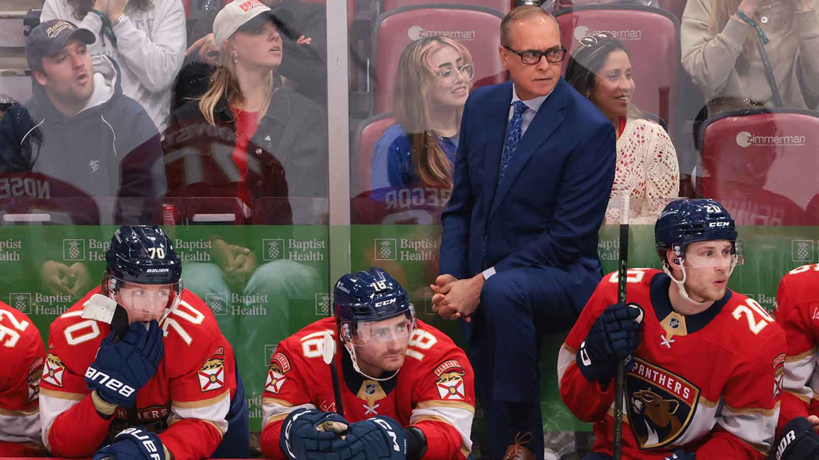 Florida Panthers head coach Paul Maurice watches from the bench against the Minnesota Wild during the third period at Amerant Bank Arena. 