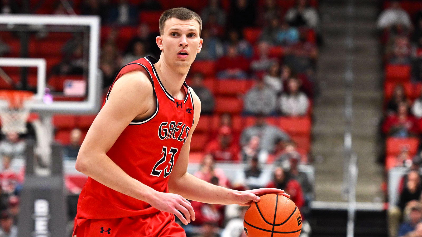 St. Mary's Gaels forward Paulius Murauskas (23) controls the ball against the Washington State Cougars in the second half at Friel Court at Beasley Coliseum.
