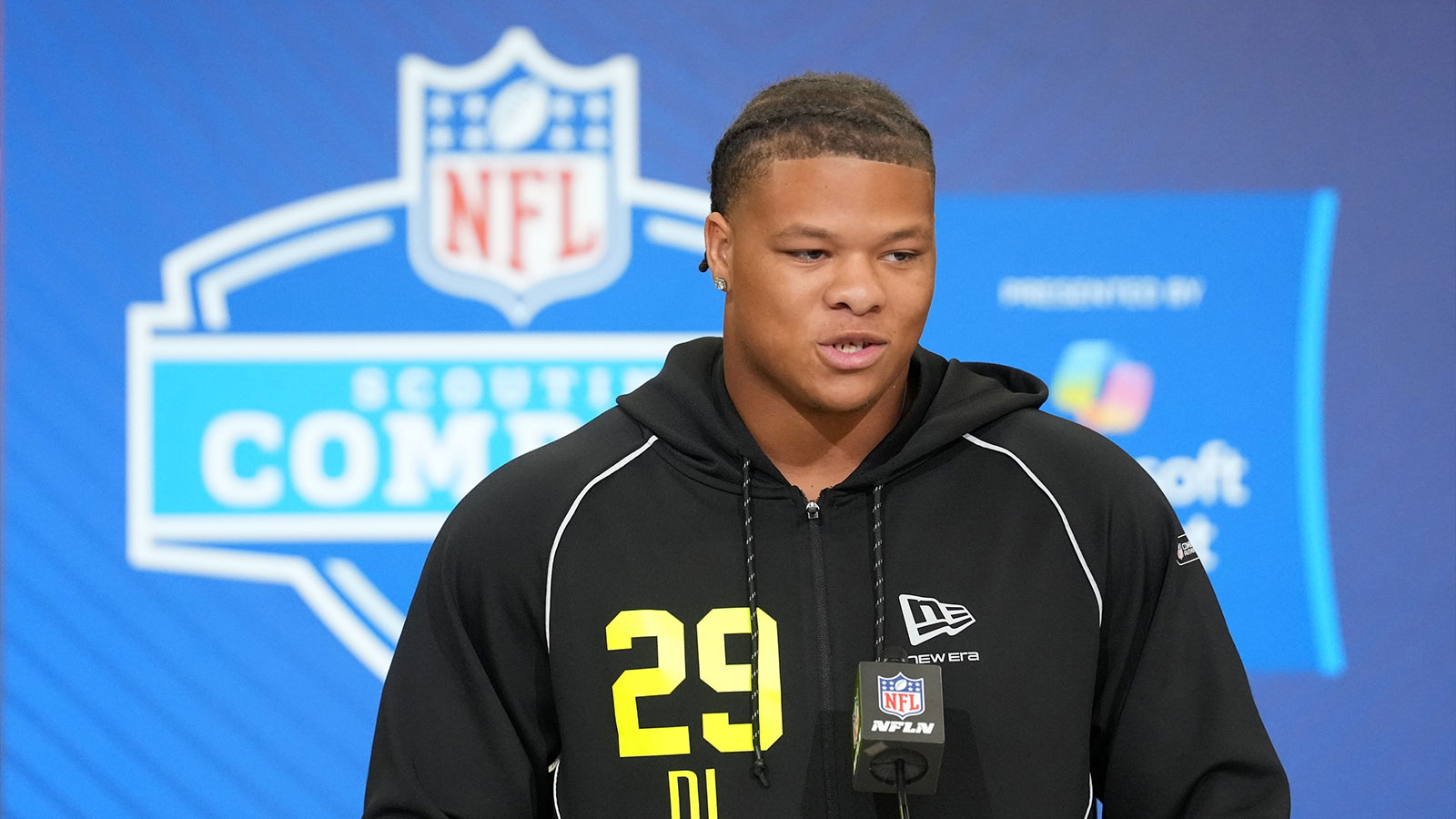 Clemson defensive lineman Peter Woods (DL29) speaks during the NFL Scouting Combine at the Indiana Convention Center