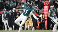 Philadelphia Eagles wide receiver A.J. Brown (11) can't make catch during the fourth quarter against the San Francisco 49ers in an NFC Wild Card Round game at Lincoln Financial Field.