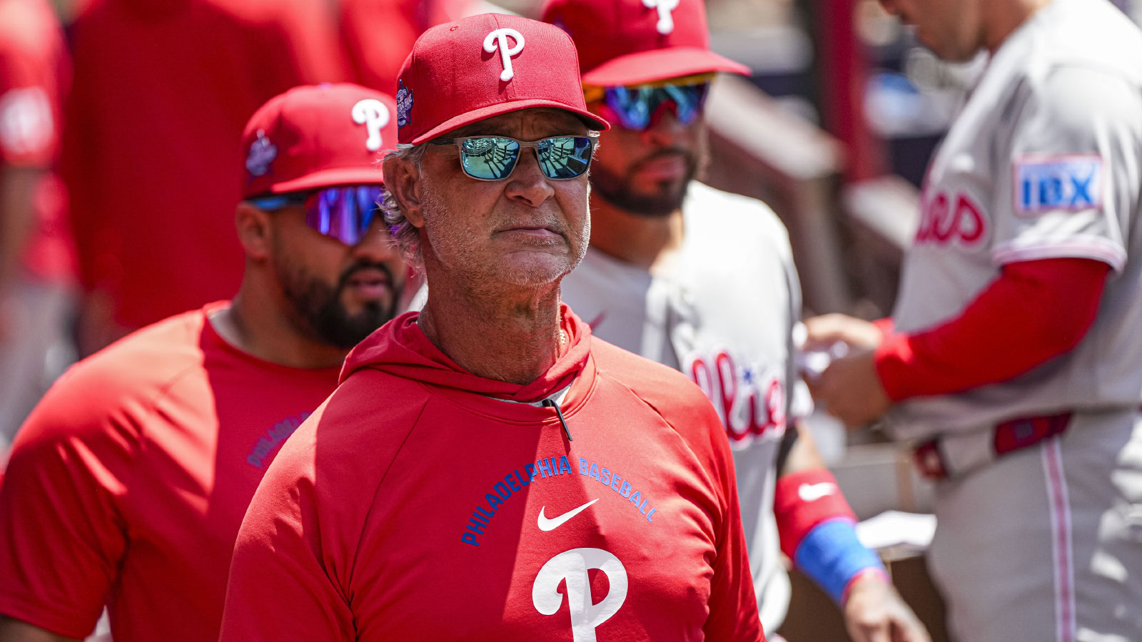 Philadelphia Phillies bench coach Don Mattingly (8) in the dugout during the game against the Atlanta Braves at Truist Park.