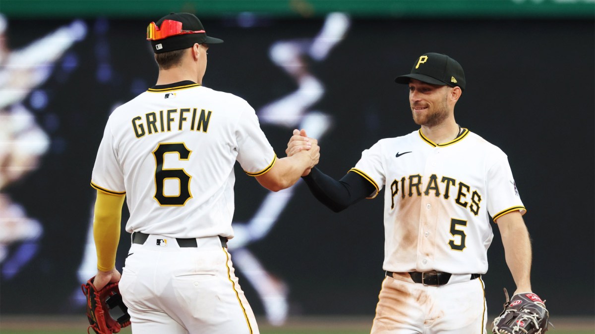 Pittsburgh Pirates shortstop Konnor Griffin (6) and second baseman Brandon Lowe (5) celebrate after defeating the Baltimore Orioles at PNC Park.