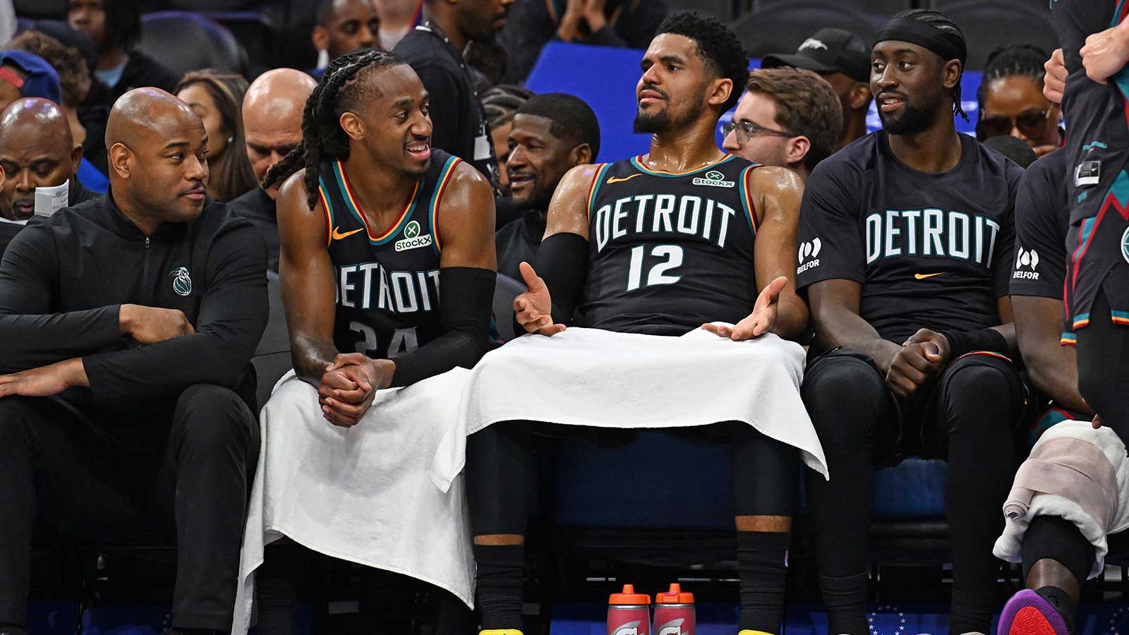Detroit Pistons forward Tobias Harris (12) on the bench late in the fourth quarter against the Philadelphia 76ers at Xfinity Mobile Arena.