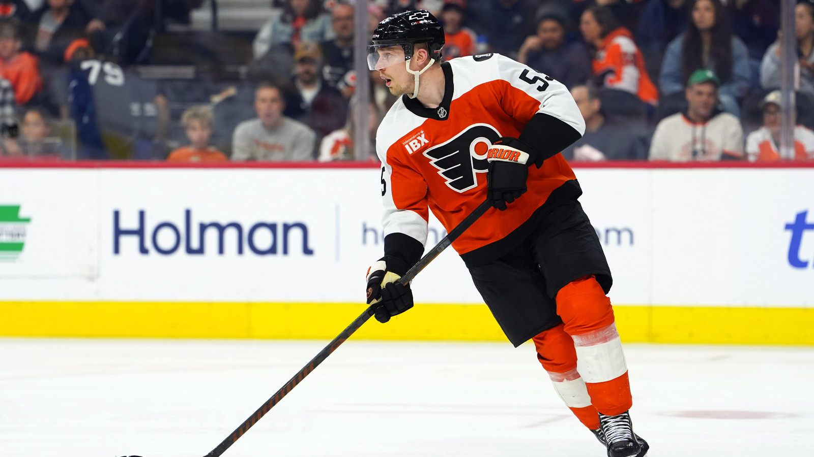 Philadelphia Flyers defenseman Rasmus Ristolainen (55) controls the puck against the Boston Bruins in the second period at Xfinity Mobile Arena. 