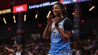Chicago Sky forward Angel Reese (5) reacts after a ball goes out of bounds against the Atlanta Dream in the third quarter at Gateway Center Arena at College Park.
