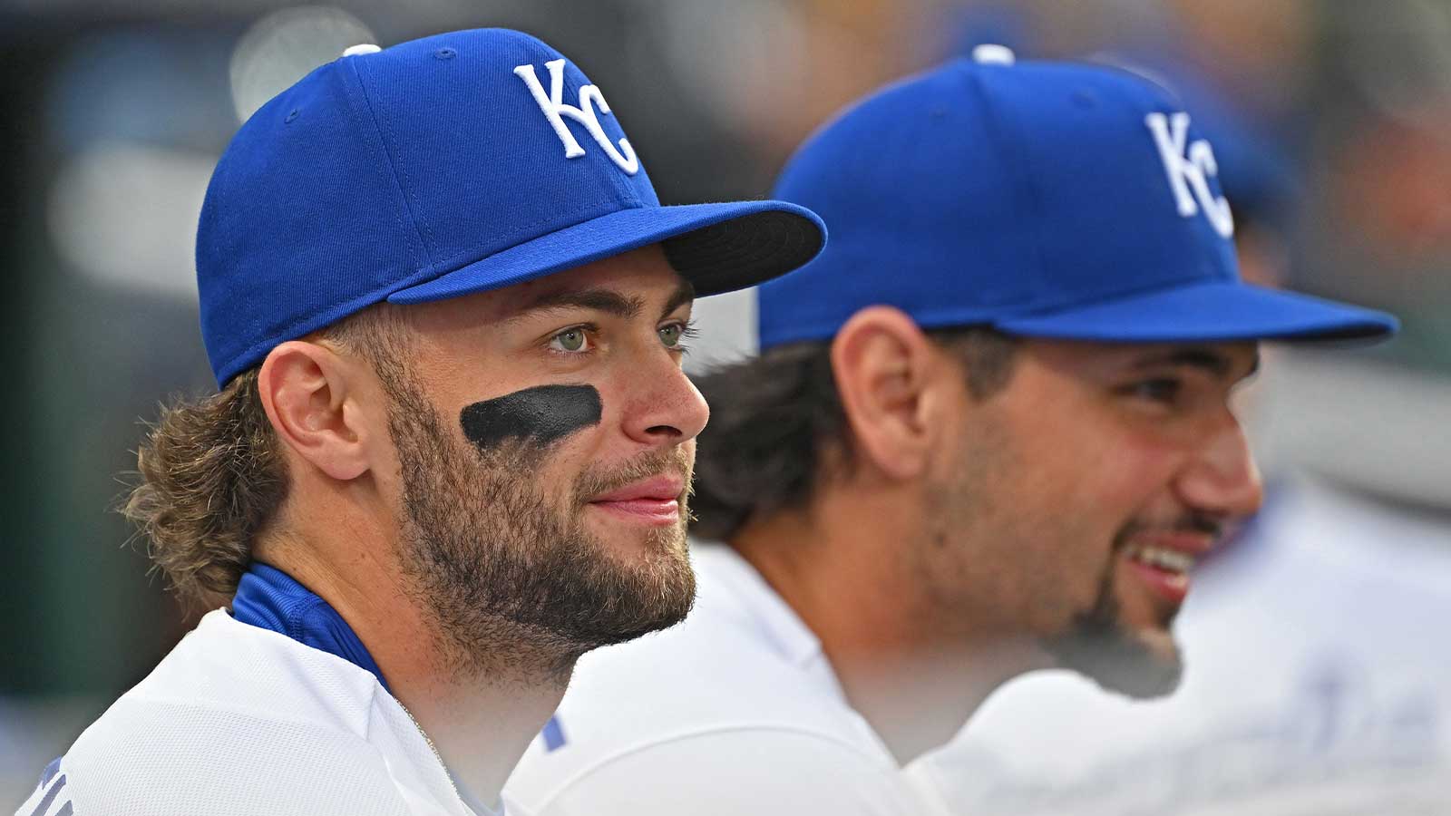 Royals’ Vinnie Pasquantino reacts after Carter Jensen causes brief scare