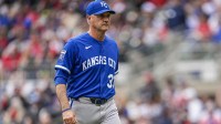 Kansas City Royals manager Matt Quatraro (33) on the field after a pitching change against the Atlanta Braves during the seventh inning at Truist Park.