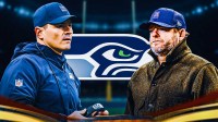 Seahawks head coach Mike Macdonald and GM John Schneider Seahawks and NFL Draft logos in front