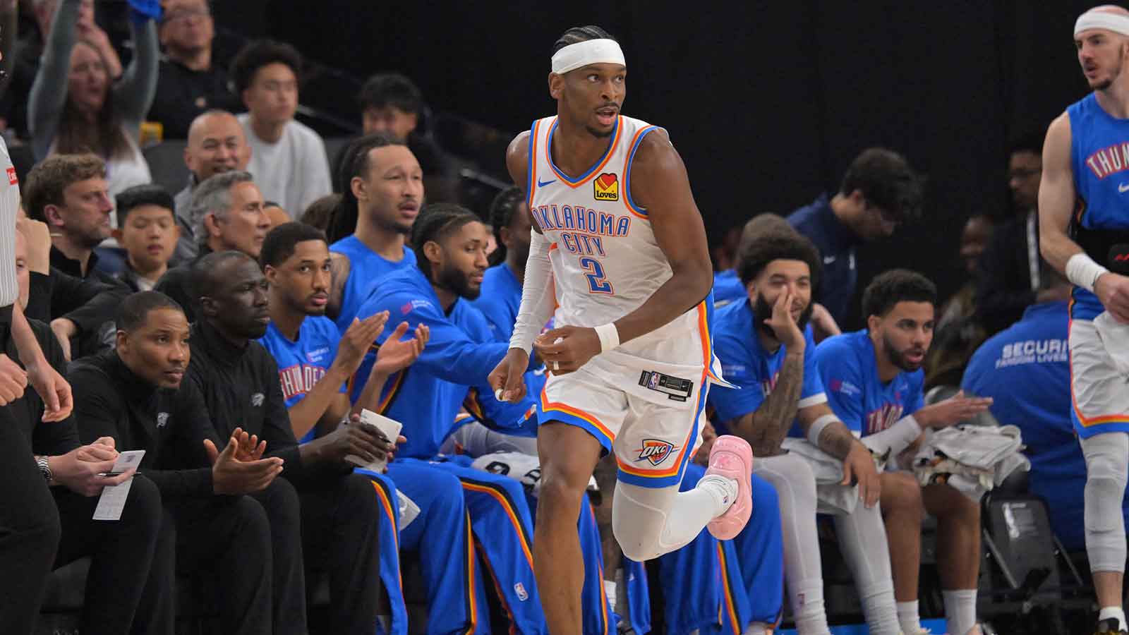 Oklahoma City Thunder guard Shai Gilgeous-Alexander (2) heads down the sideline after a three-point basket in the first half against the Los Angeles Clippers in the first half at Intuit Dome.