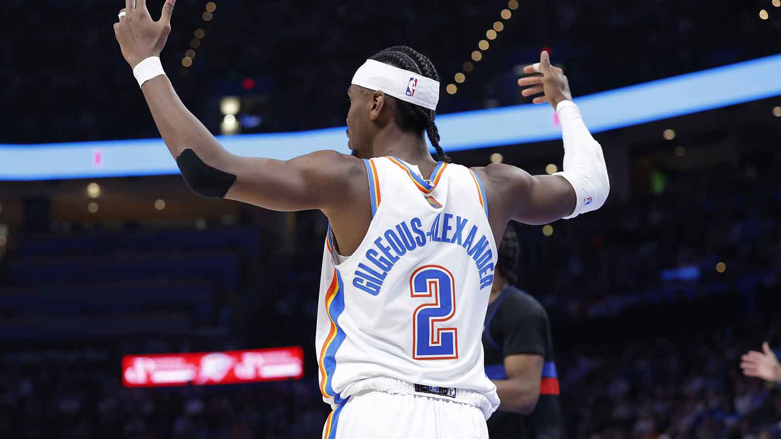 Oklahoma City Thunder guard Shai Gilgeous-Alexander (2) gestures during the second half against the Detroit Pistons at Paycom Center.