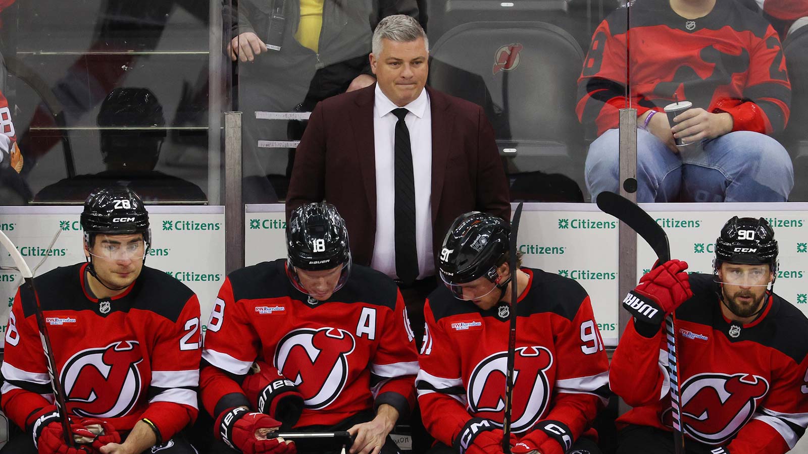 New Jersey Devils head coach Sheldon Keefe against the Edmonton Oilers during the third period at Prudential Center