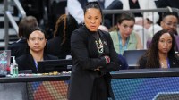 Apr 3, 2026; Phoenix, AZ, USA; South Carolina Gamecocks head coach Dawn Staley looks on in the second half against the UConn Huskies during a semifinal of the Final Four of the women's 2026 NCAA Tournament at Mortgage Matchup Center. Mandatory Credit: Joe Camporeale-Imagn Images