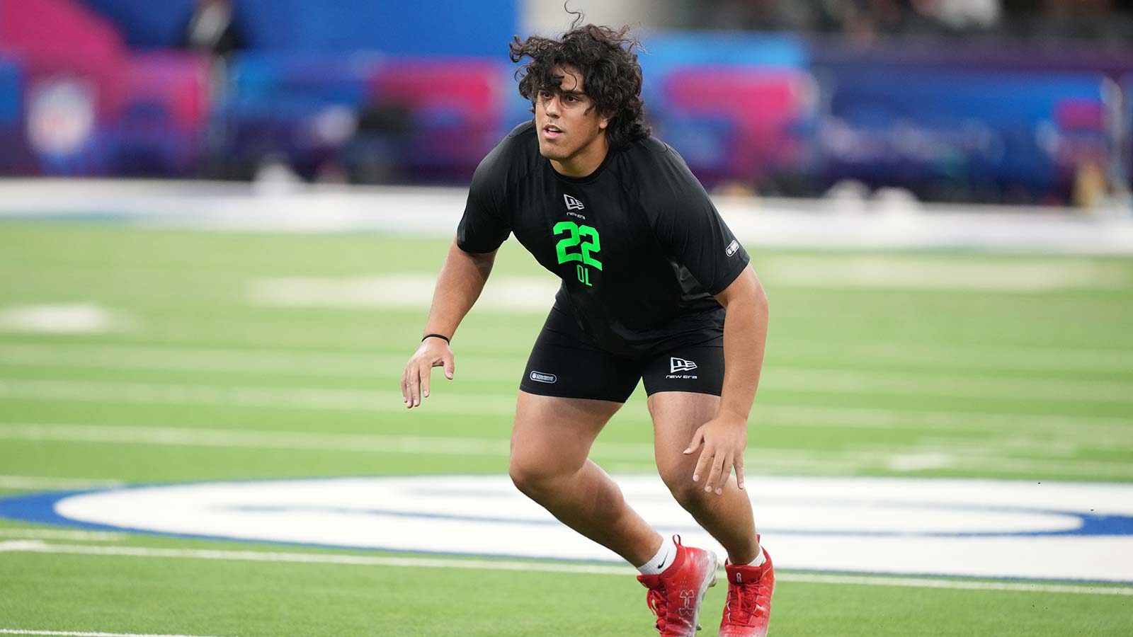 Utah offensive lineman Spencer Fano (OL22) during the NFL Scouting Combine at Lucas Oil Stadium. 