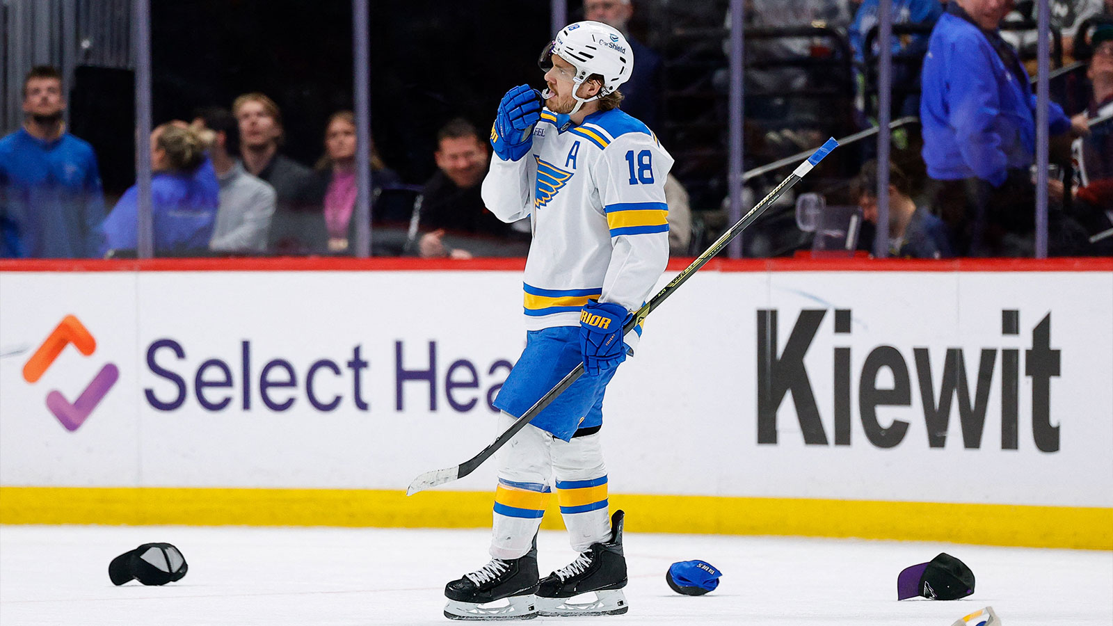 St. Louis Blues center Robert Thomas (18) after his hat trick goal against the Colorado Avalanche in the third period at Ball Arena