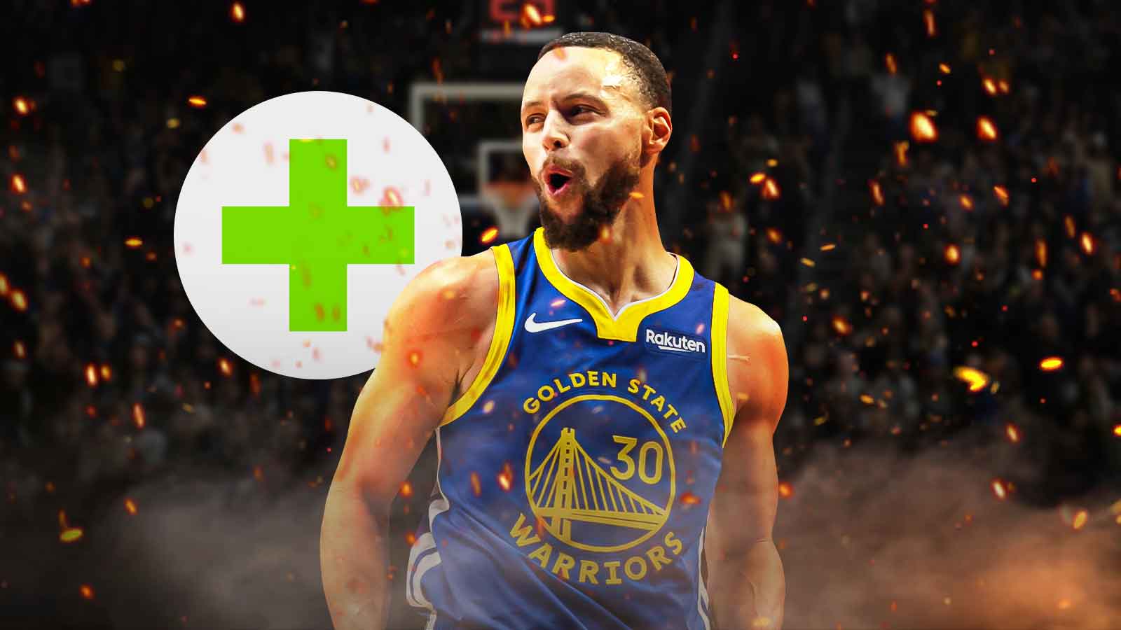 Stephen Curry hyped up, looking happy with a fiery aura around his body a postive green health symbol next to him