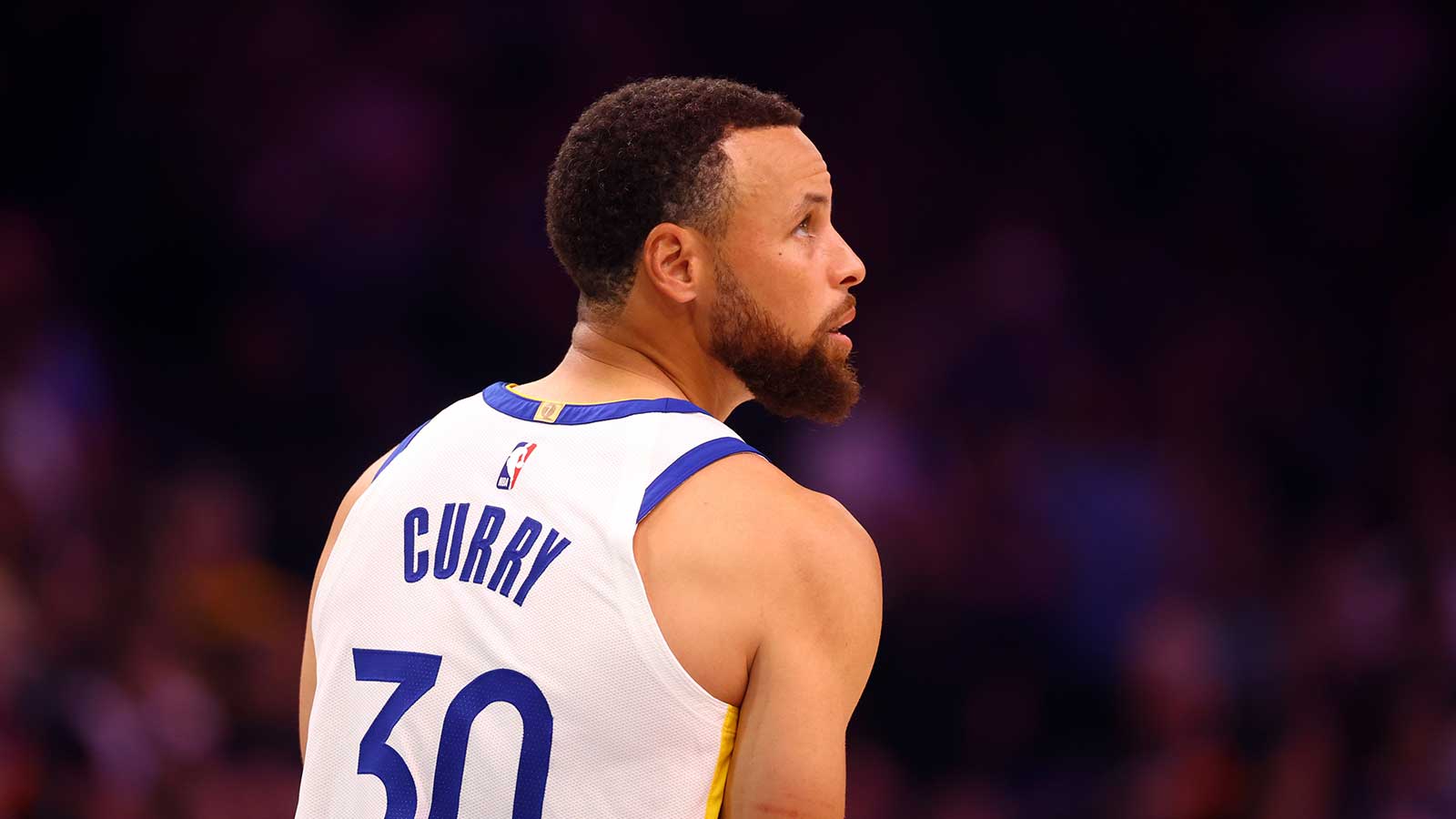 Detailed view of the jersey of Golden State Warriors guard Stephen Curry (30) against the Phoenix Suns during the play-in rounds of the 2026 NBA Playoffs at Mortgage Matchup Center. 