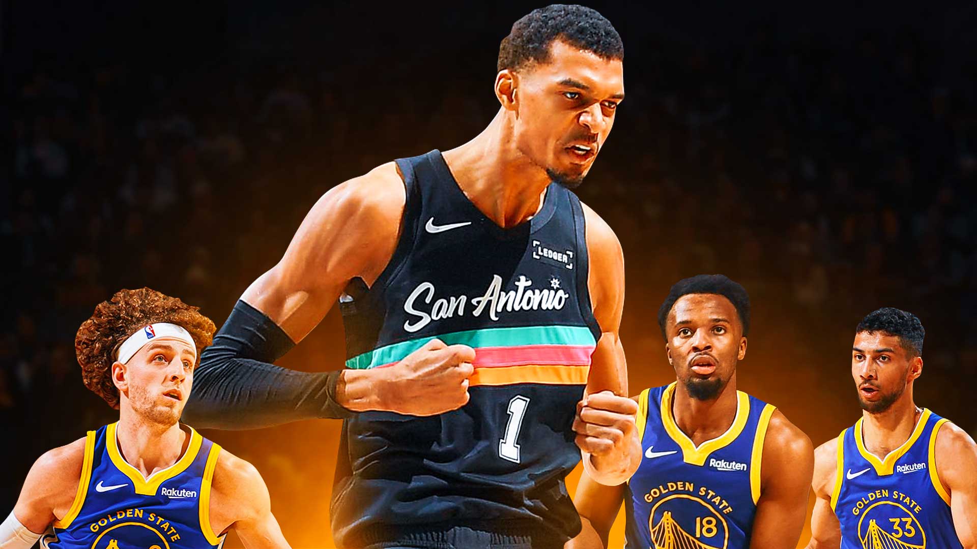 Victor Wembanyama towering over Brandin Podziemski, Malefy Leons, and LJ Cryer like in Attack on Titan