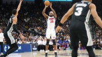 Detroit Pistons forward Isaiah Stewart (28) shoots during the second half against the San Antonio Spurs at Frost Bank Center.