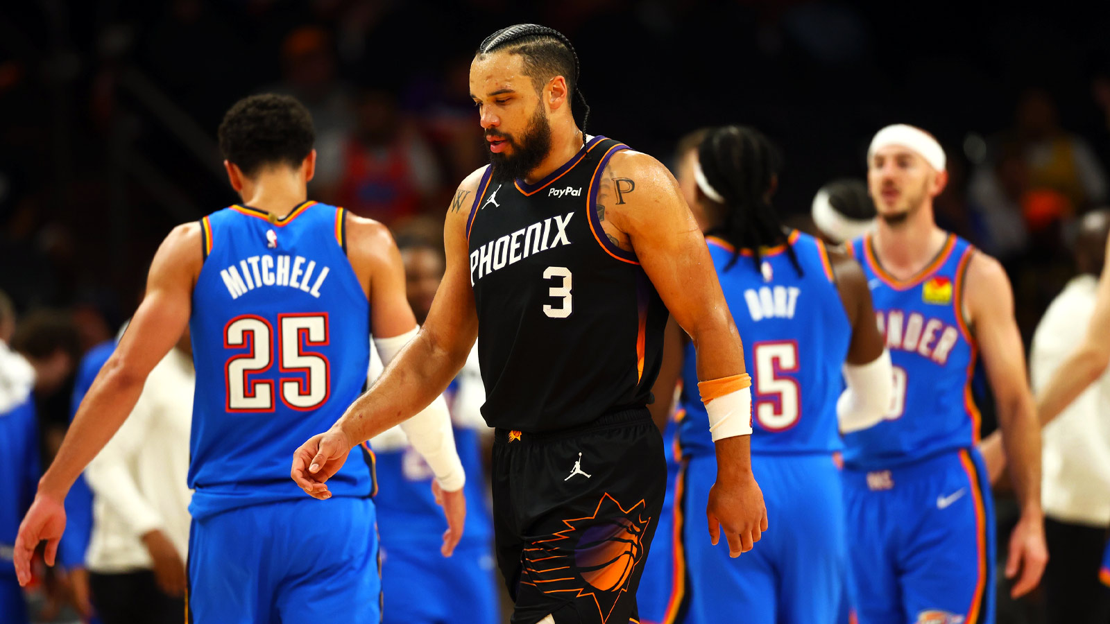 Suns forward Dillon Brooks (3) reacts against the Oklahoma City Thunder in the second half during game four of the first round of the 2026 NBA Playoffs at Mortgage Matchup Center