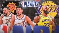 The Phoenix Suns logo is at the left of the image and Suns players Devin Booker and Dillon Brooks, and Los Angeles Lakers player LeBron James are at the center of the image too. To the right of the players is the Lakers logo. Above the image is the 2026 NBA playoffs logo.