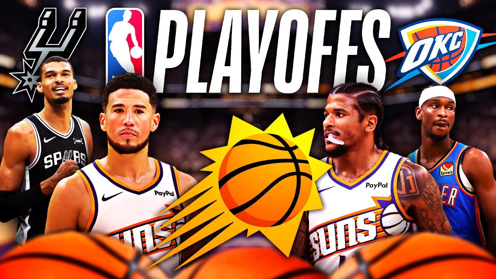 The current Phoenix Suns logo and Suns players Devin Booker and Jalen Green at the center of the image. To the left and right, are the San Antonio Spurs and Oklahoma City Thunder logos. Next to the Spurs logo is Spurs center Victor Wembanyama, and next to the Thunder logo is Thunder guard Shai Gilgeous-Alexander. Above the image is the 2026 NBA Playoffs logo.