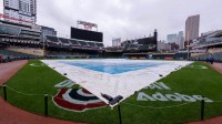 A general view of the field during a power outage prior to the game between the Tampa Bay Rays and Minnesota Twins at Target Field