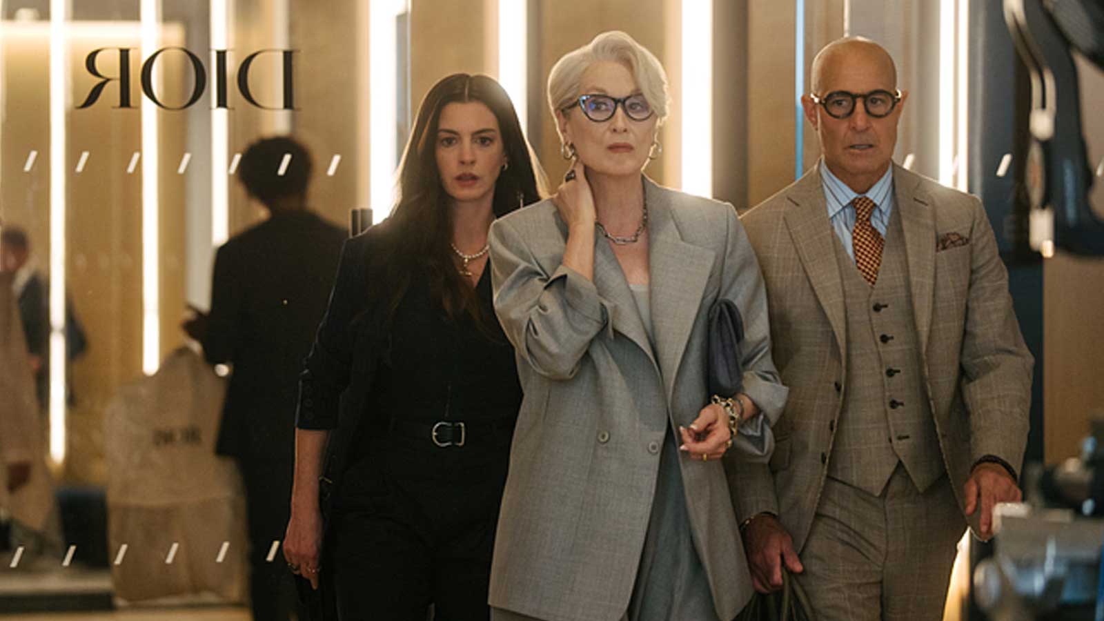 Anne Hathaway, Meryl Streep, and Stanley Tucci in The Devil Wears Prada 2.