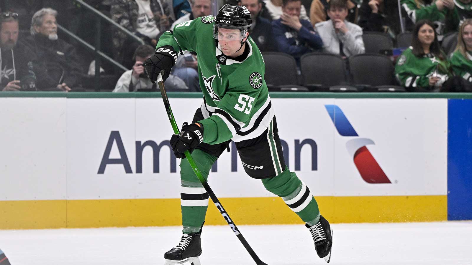 Dallas Stars defenseman Thomas Harley (55) shoots the puck in the Seattle Kraken zone during the second period at the American Airlines Center.